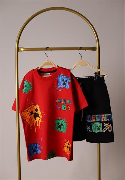 Kırmızı Minecraft Şortlu Takım