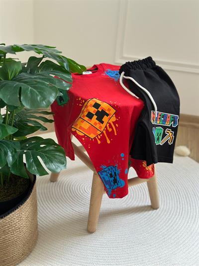 Kırmızı Minecraft Şortlu Takım