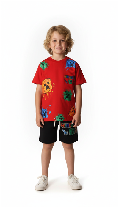 Kırmızı Minecraft Şortlu Takım