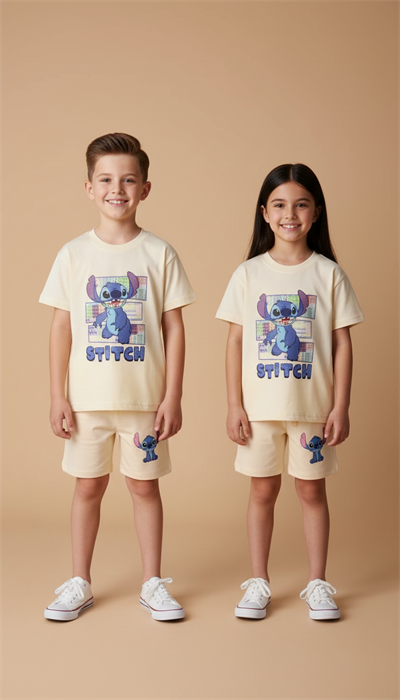 Krem Rengi Üzeri Renkli Stitch Şortlu Takım