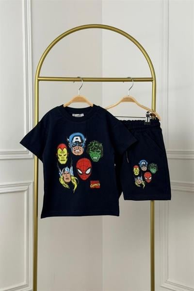 Lacivert Marvel Baskılı Şortlu Takım