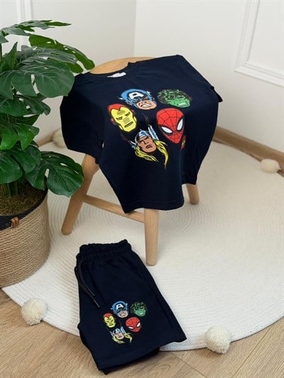 Lacivert Marvel Baskılı Şortlu Takım