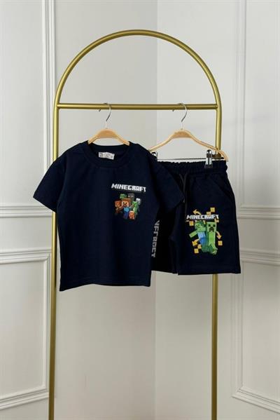 Lacivert Minecarft Baskılı Şortlu Takım