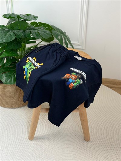 Lacivert Minecarft Baskılı Şortlu Takım