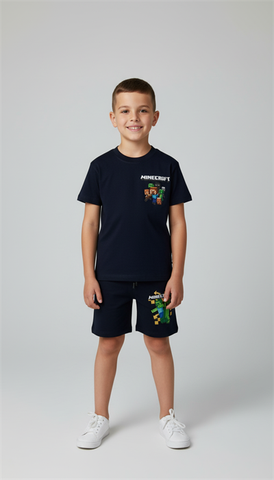 Lacivert Minecarft Baskılı Şortlu Takım