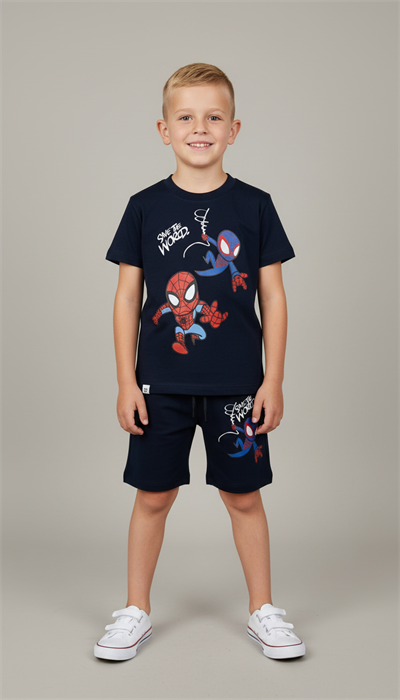 Lacivert Save The World Spiderman Baskı Şortlu Takım