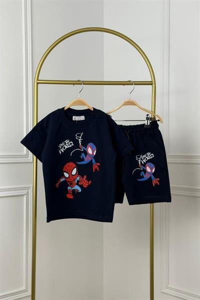 Lacivert Save The World Spiderman Baskı Şortlu Takım