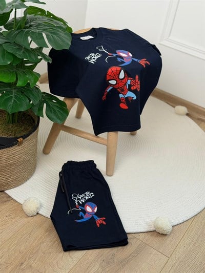 Lacivert Save The World Spiderman Baskı Şortlu Takım