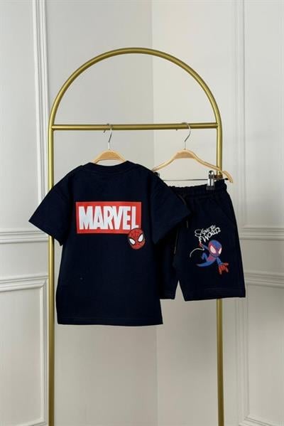 Lacivert Save The World Spiderman Baskı Şortlu Takım
