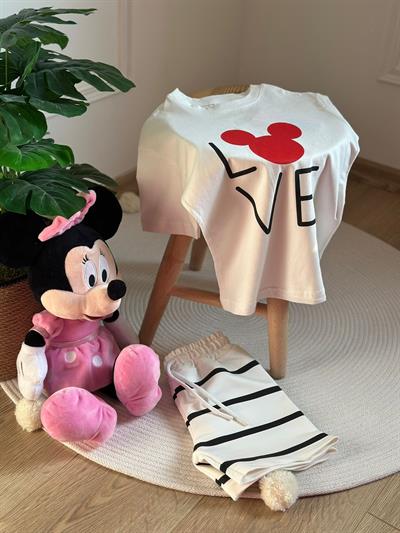 Love Mickey Çizgili Şortlu Takım