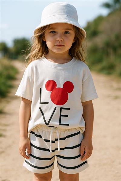 Love Mickey Çizgili Şortlu Takım