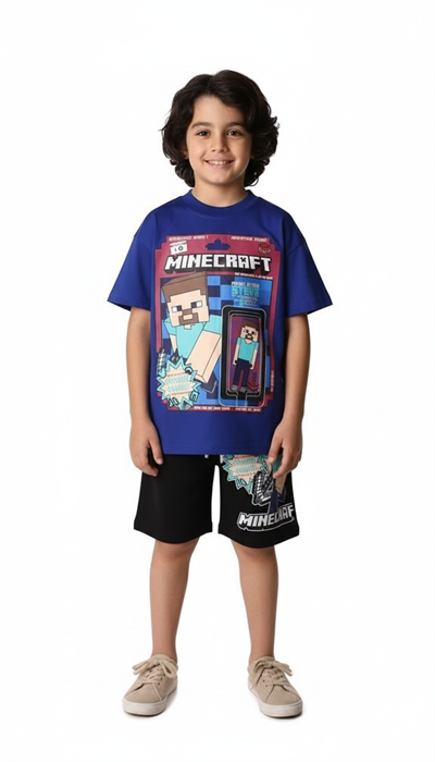 Mavi Minecraft Şortlu Takım