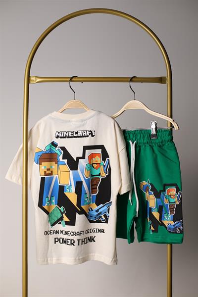 Minecraft Figür Sırt Baskılı Yeşil Şortlu Takım