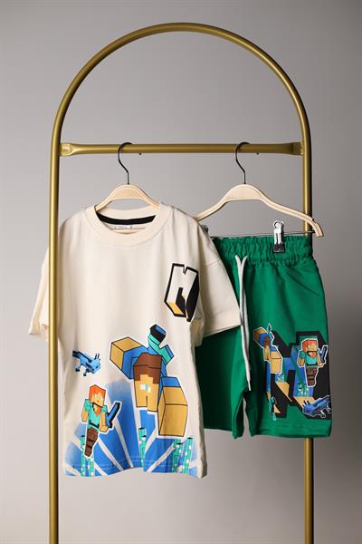 Minecraft Figür Sırt Baskılı Yeşil Şortlu Takım