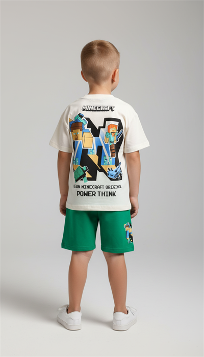 Minecraft Figür Sırt Baskılı Yeşil Şortlu Takım