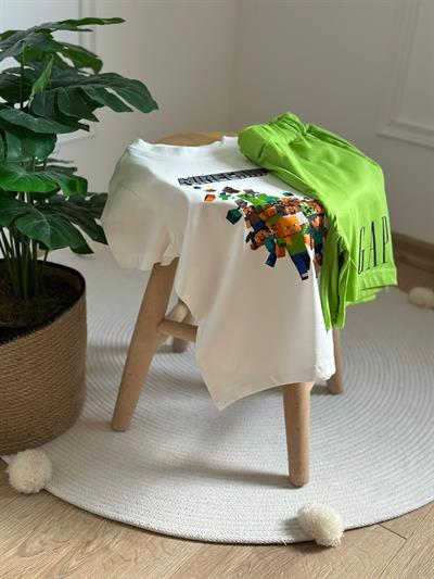 Minecraft Figürlü Yeşil Şortlu Takım