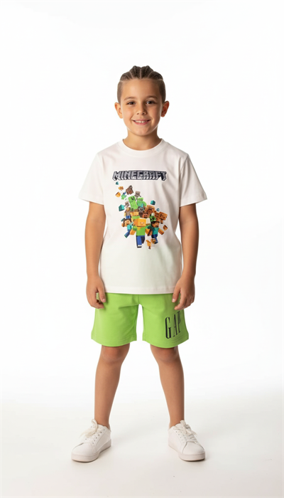 Minecraft Figürlü Yeşil Şortlu Takım