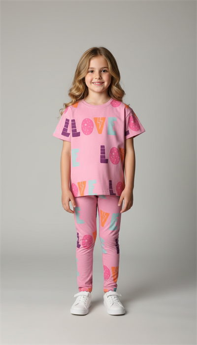 Pembe Love Baskılı Taytlı Takım