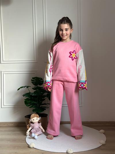 Pembe Örgü Kol Detaylı Eşofman Takımı