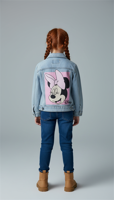 Pembe Sırt Baskılı Minnie Mouse Kot Ceket