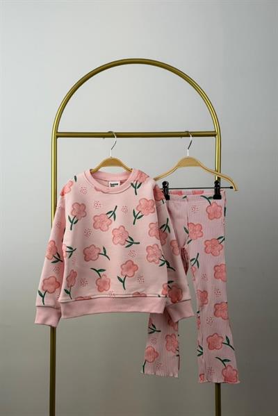 Pembe Üzeri Çiçek Desenli Taytlı Takım