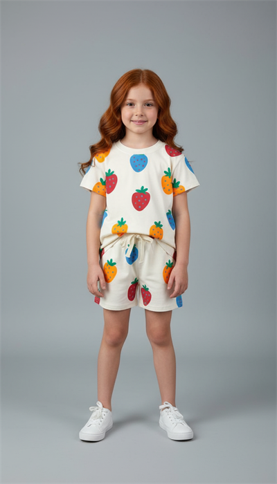 Renkli Çilek Detaylı Şortlu Takım