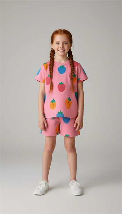 Renkli Çilek Detaylı Şortlu Takım