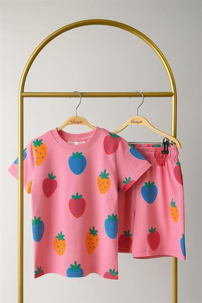 Renkli Çilek Detaylı Şortlu Takım