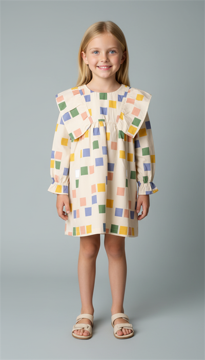 Renkli Kareli Yaka Detaylı Elbise