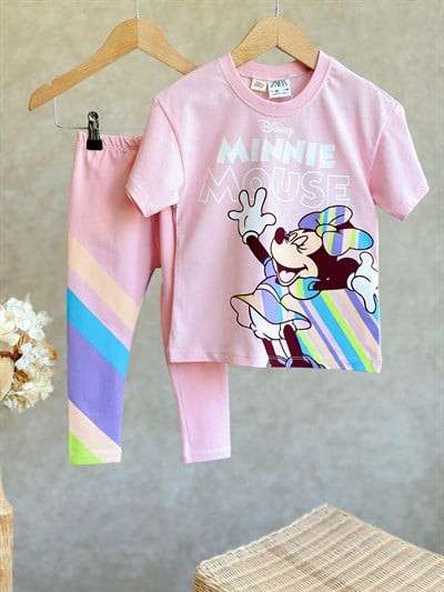 Renkli Şerit Desenli Minnie Mouse Taytlı Takımı
