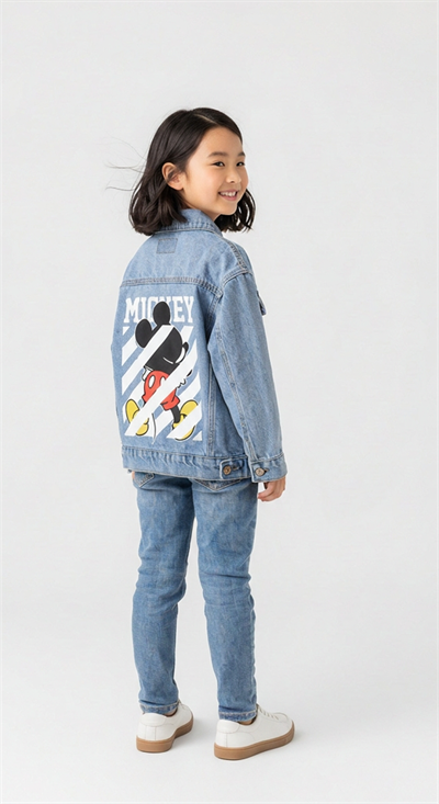 Şeritli Mickey Sırt Baskılı Kot Ceket