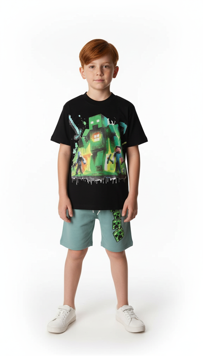 Siyah Yeşil Minecraft Şortlu Takım