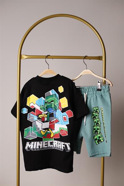 Siyah Yeşil Minecraft Şortlu Takım