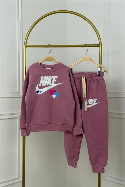 Toz Pembe Spor Logo Kalp Detaylı Eşofman Takımı