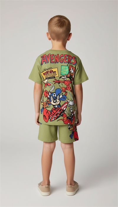 Yeşil Disney Avengers Sırt Baskılı Şortlu Takım