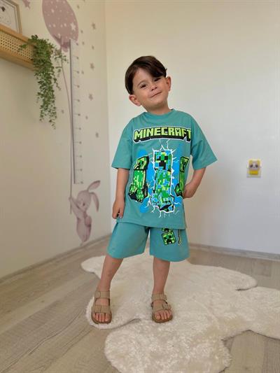 Yeşil Minecraft Şortlu Takım