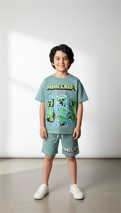 Yeşil Minecraft Şortlu Takım