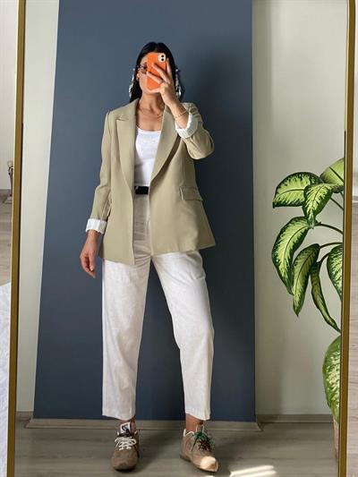 BEYAZ HAVUÇ KETEN KEMERLİ PANTALON