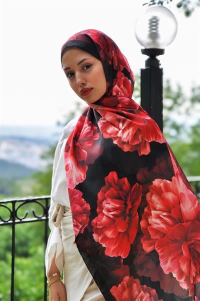 Peony Desen Janjan İpek Şal Kırmızı