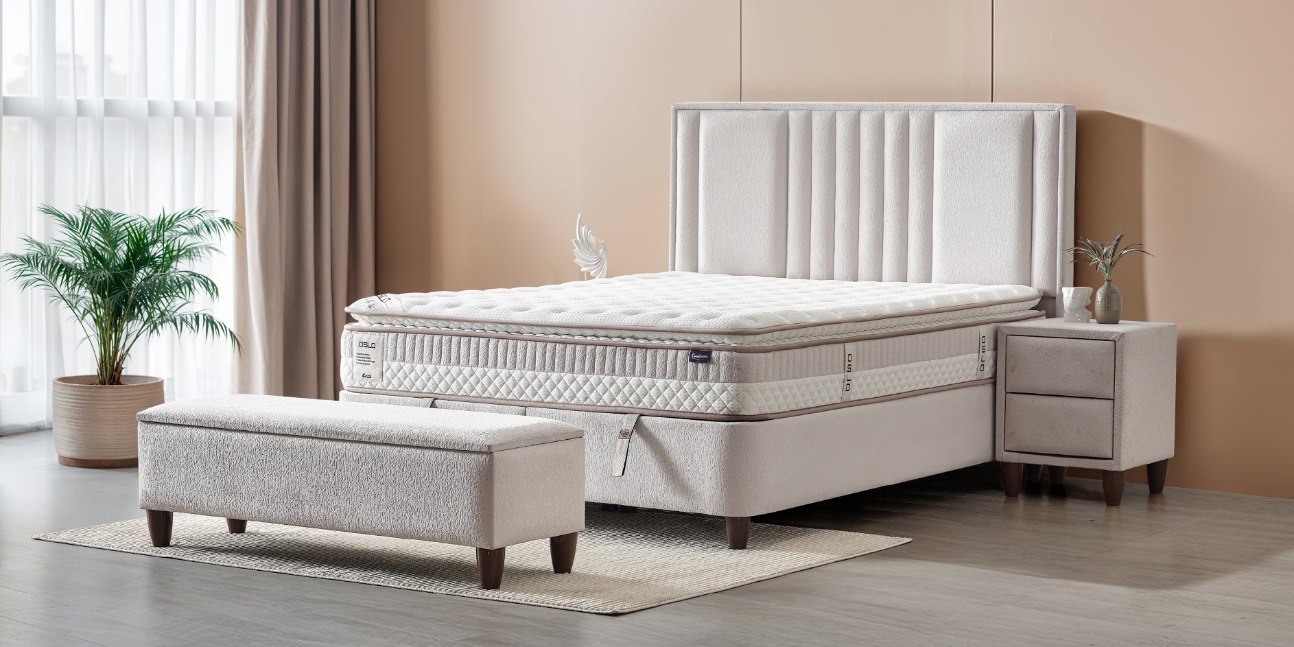 Oslo yatak modeli, pedli yatak, ergonomik yatak, modern yatak tasarımı, konforlu yatak, katmanlı yatak, ortopedik destek, uyku konforu, Cennet Yatak Oslo, yatak önerisi