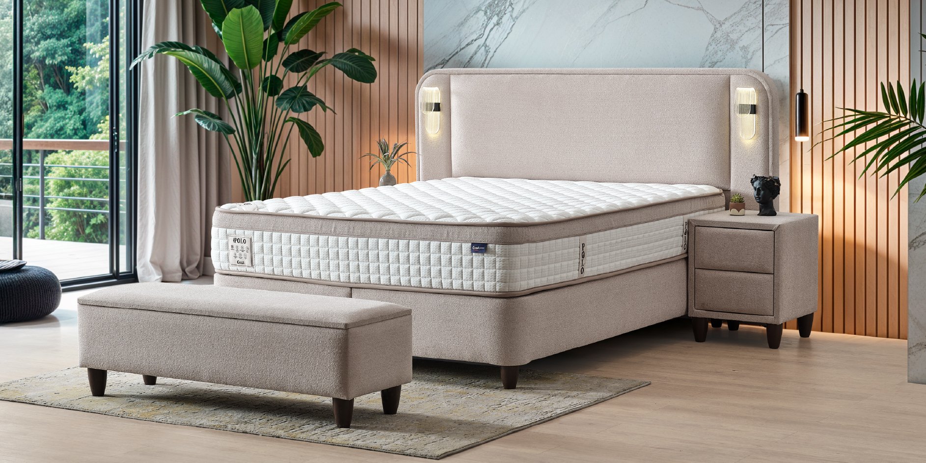 Gizli pedli yatak, ledli başlık, Polo yatak modeli, modern yatak odası, konforlu uyku, ortopedik yatak, yatak seti önerisi, Cennet Yatak Polo, uyku konforu, şık yatak başlığı