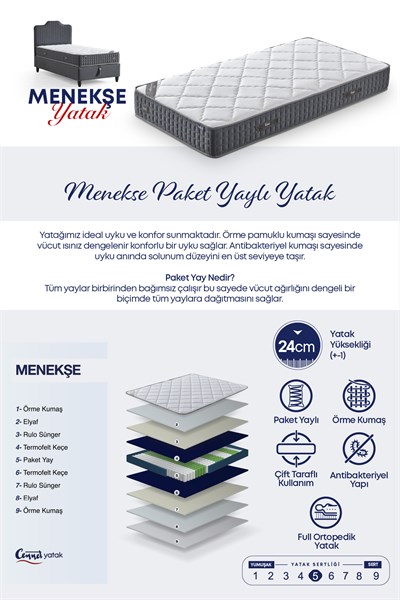 Cennet Yatak Menekşe Modeli Tek Kişilik Paket Yaylı Yatak Antibakteriyel ve Full Ortopedik Sistem
