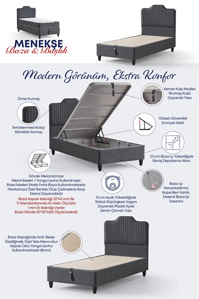 Cennet Yatak Menekşe Tek Kişilik Sandıklı Baza ve Dekoratif Başlık 2’li Set