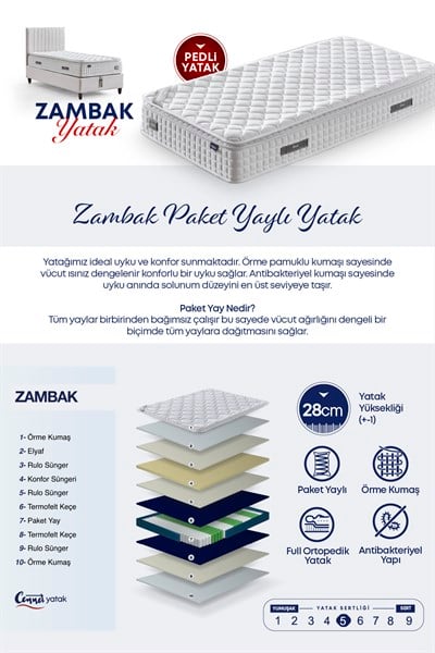 Cennet Yatak Zambak Tek Kişilik Sandıklı Baza + Full Ortopedik Antibakteriyel Pedli Yatak + Başlık 3 lü Set
