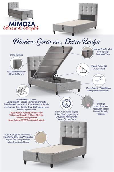 Mimoza Tek Kişilik Sandıklı Baza ve Başlık Seti 2’li Set