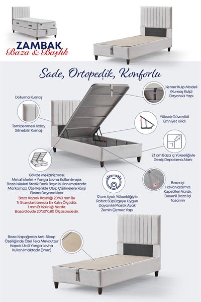 Zambak Tek Kişilik Sandıklı Baza + Full Ortopedik Antibakteriyel Pedli Yatak + Başlık  3 lü Set