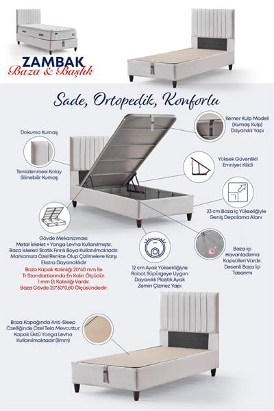 Zambak Tek Kişilik Sandıklı Baza + Full Ortopedik Antibakteriyel Pedli Yatak + Başlık  3 lü Set
