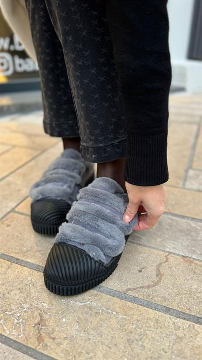 %100 Deri Peluş Detaylı Çıtçıtlı Kadın Sneaker Gri