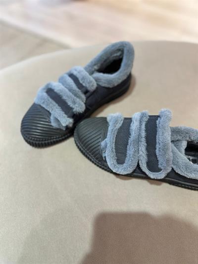 %100 Deri Peluş Detaylı Çıtçıtlı Kadın Sneaker Lacivert