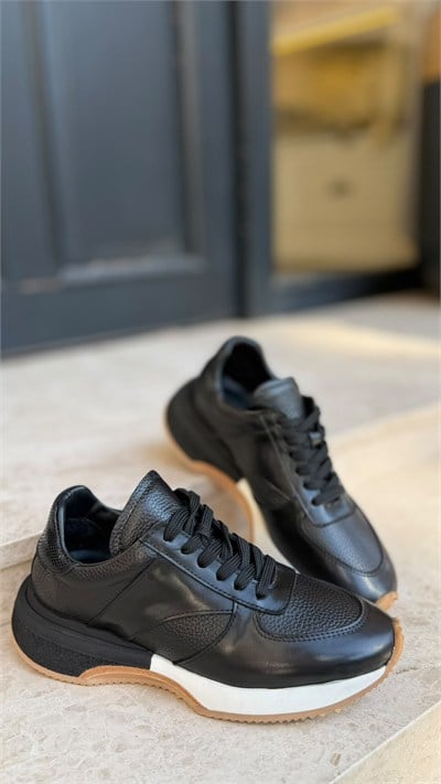 %100 Hakiki Deri  Taban Detaylı Sneakers Siyah